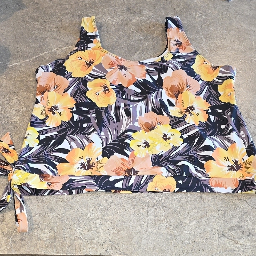 (J35)  Yellow and Black Tie On Side Crop Swim Top Plus Size - Picture 3 of 5